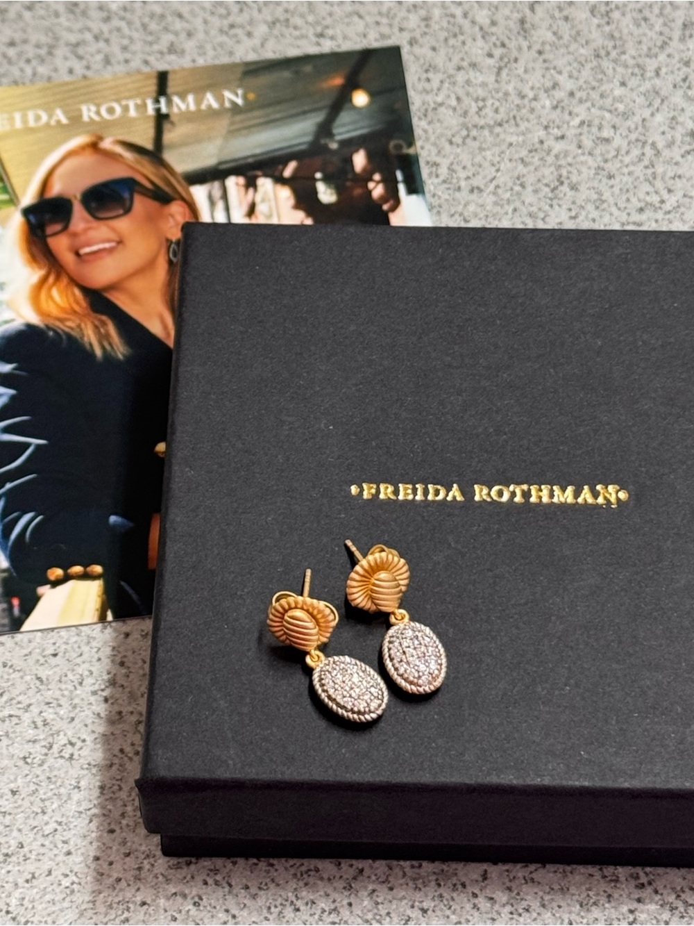 Freida Rothman Gilded Cable Gold and Silver Pavé Drop Earrings